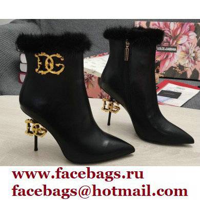 Dolce & Gabbana Mink Fur Thin Heel 10.5cm Leather Ankle Boots Black with Baroque DG Heel 2021